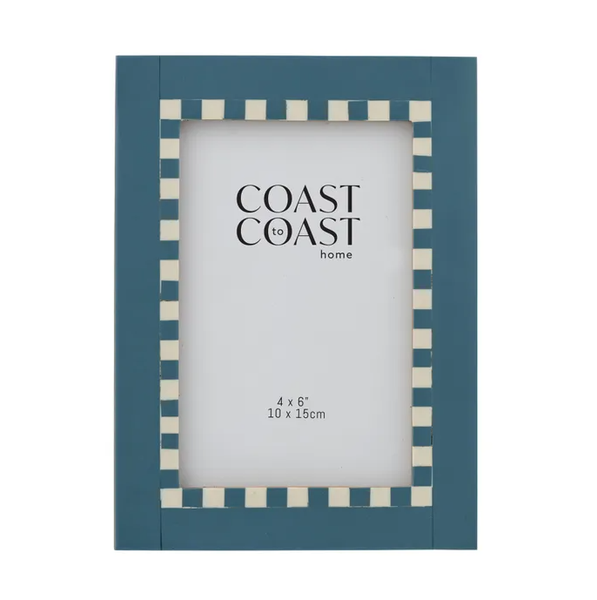 Barnet Blue Check Photo Frame 4x6 inch featuring a coastal blue resin frame with a classic checkerboard border, perfect for Hamptons and coastal home styling.