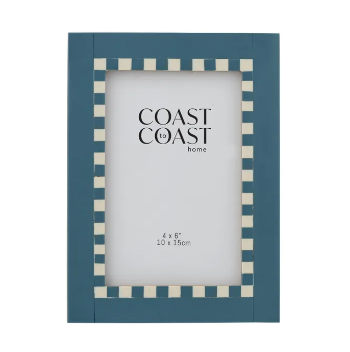 Barnet Blue Check Photo Frame 4x6 inch featuring a coastal blue resin frame with a classic checkerboard border, perfect for Hamptons and coastal home styling.
