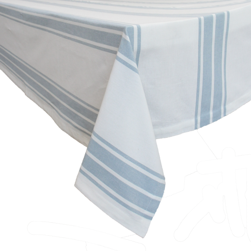 Bay Stripe blue and white cotton tablecloth draped over dining table in coastal style