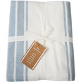 Folded Bay Stripe cotton tablecloth with blue and white coastal stripe pattern
