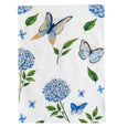 blue hydrangea and butterfly cotton table runner on white background, coastal Hamptons style linen