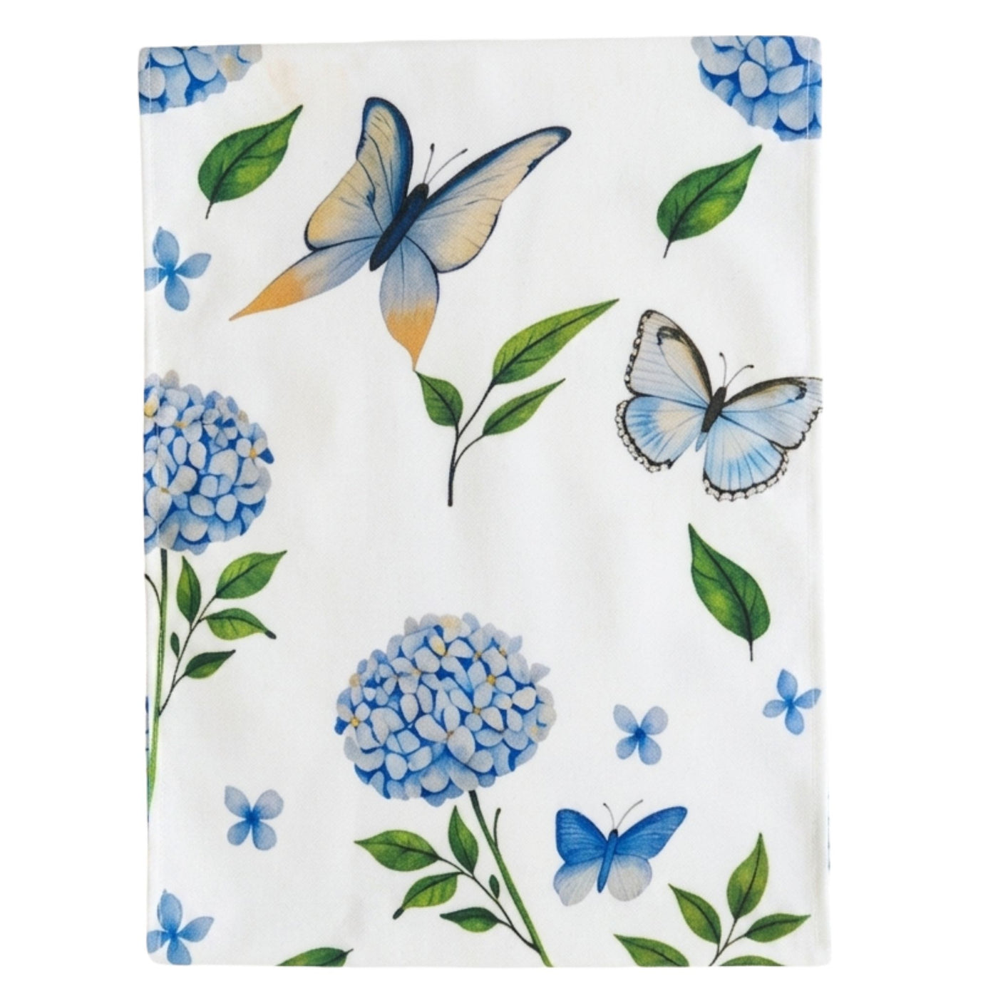 blue hydrangea and butterfly cotton table runner on white background, coastal Hamptons style linen