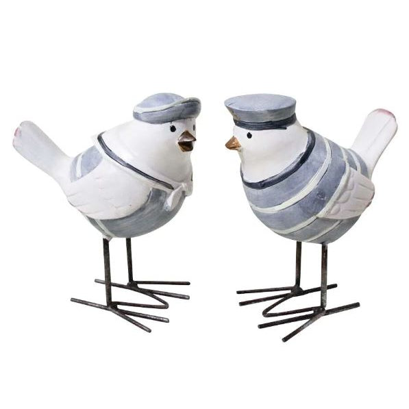 Beach Birds Set of 2 featuring hand-finished coastal bird ornaments in soft blue, grey and white with slender iron legs.