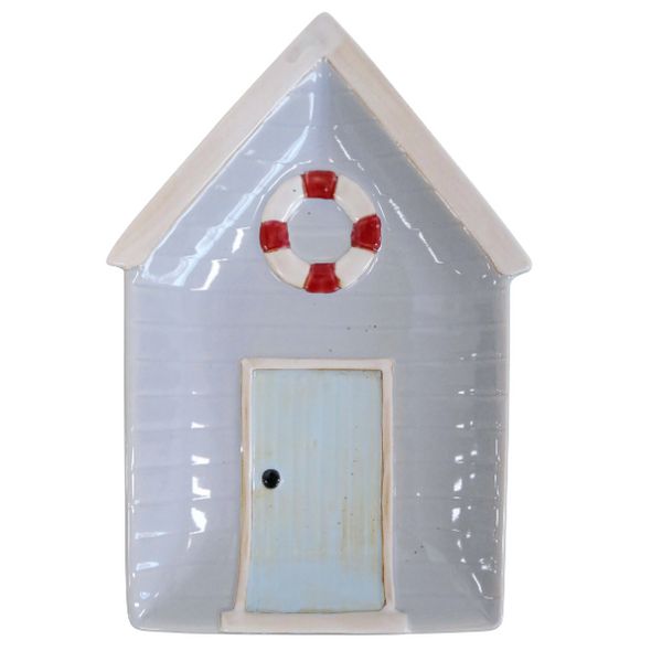 Beach House ceramic decorative plate in soft coastal blue with pale blue door and raised red and white life ring.