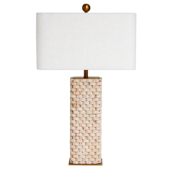 Belgrade marble table lamp featuring a textured checkered marble base, white bouclé shade and brass finial.
