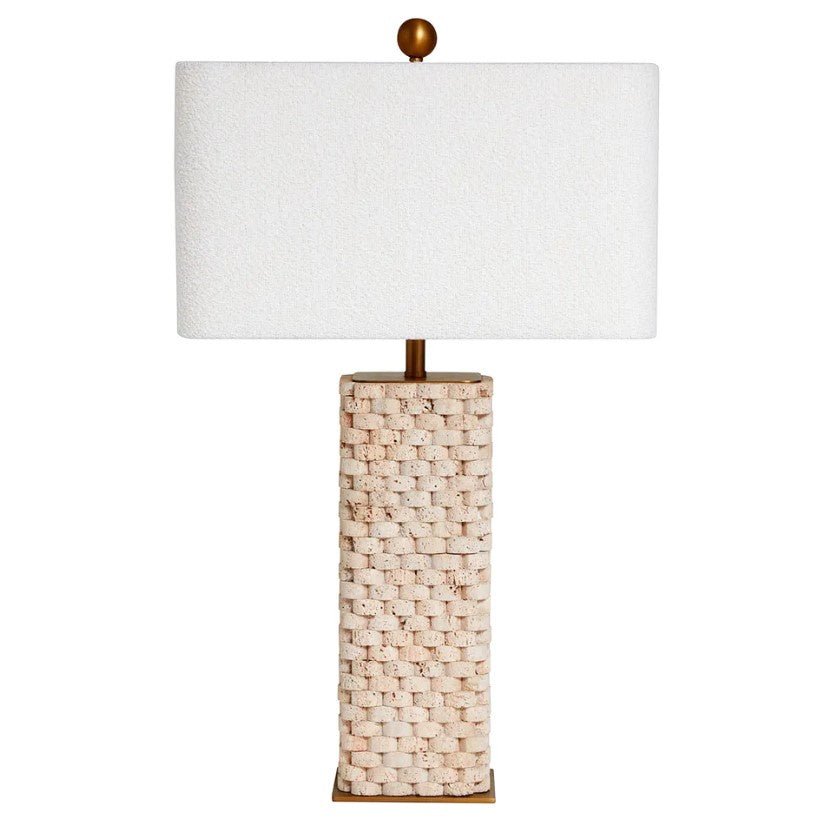 Belgrade marble table lamp featuring a textured checkered marble base, white bouclé shade and brass finial.
