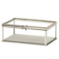 Silver rectangular glass jewellery box with decorative bow detail and clear display panels
