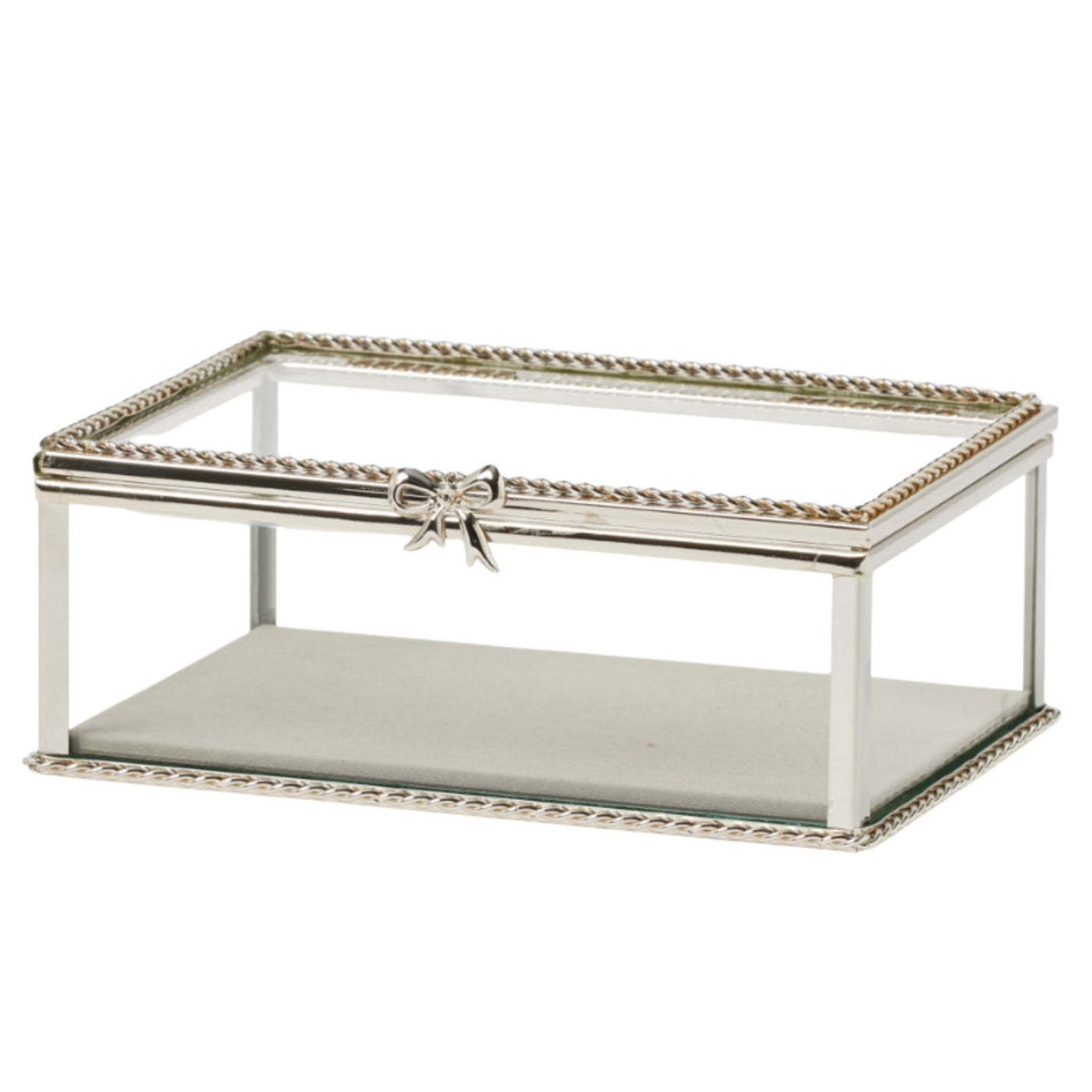 Silver rectangular glass jewellery box with decorative bow detail and clear display panels