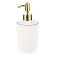 White ceramic soap dispenser with scalloped blue trim and gold-tone pump from the Bellamy Collection, ideal for Hamptons-style bathrooms.