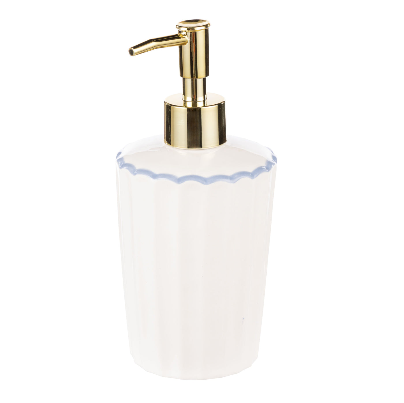 White ceramic soap dispenser with scalloped blue trim and gold-tone pump from the Bellamy Collection, ideal for Hamptons-style bathrooms.