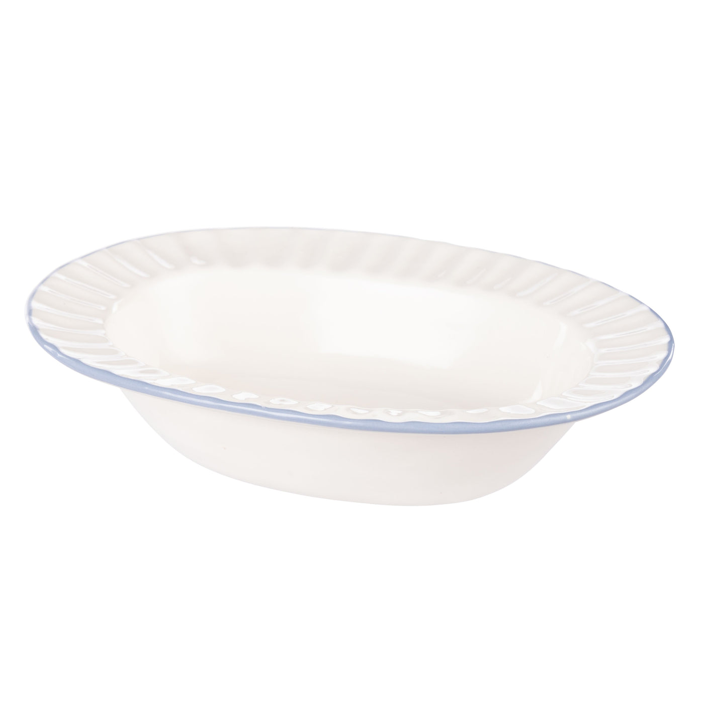 Bellamy Ceramic Soap Dish in white with blue scalloped trim – elegant Hamptons-style ceramic dish for soap or trinkets.