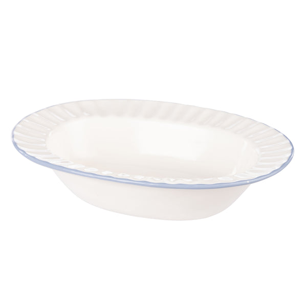 Bellamy Ceramic Soap Dish in white with blue scalloped trim – elegant Hamptons-style ceramic dish for soap or trinkets.