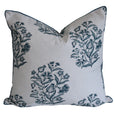 Bellamy Garden Cushion Coastal Blue 50cm in white cotton with blue botanical floral print and coordinating piped edge.