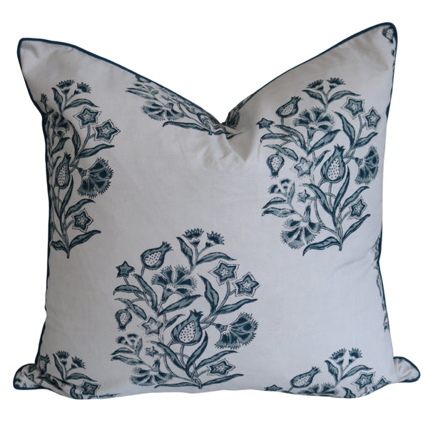 Bellamy Garden Cushion Coastal Blue 50cm in white cotton with blue botanical floral print and coordinating piped edge.