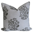 Bellamy Garden Cushion Sage Green 50cm in white cotton with sage botanical floral print and coordinating piped edge.