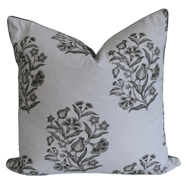 Bellamy Garden Cushion Sage Green 50cm in white cotton with sage botanical floral print and coordinating piped edge.