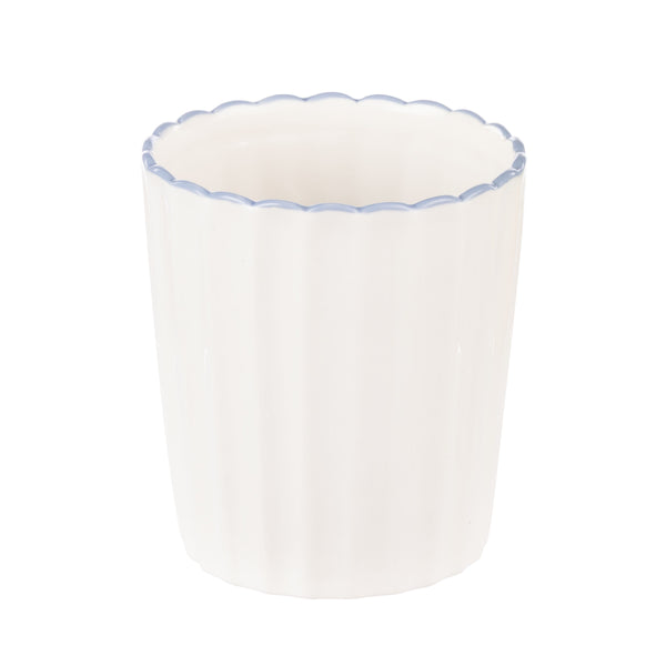 White ceramic bathroom holder with scalloped blue trim from the Bellamy Collection, perfect for storing toiletries or accessories in Hamptons-style interiors.