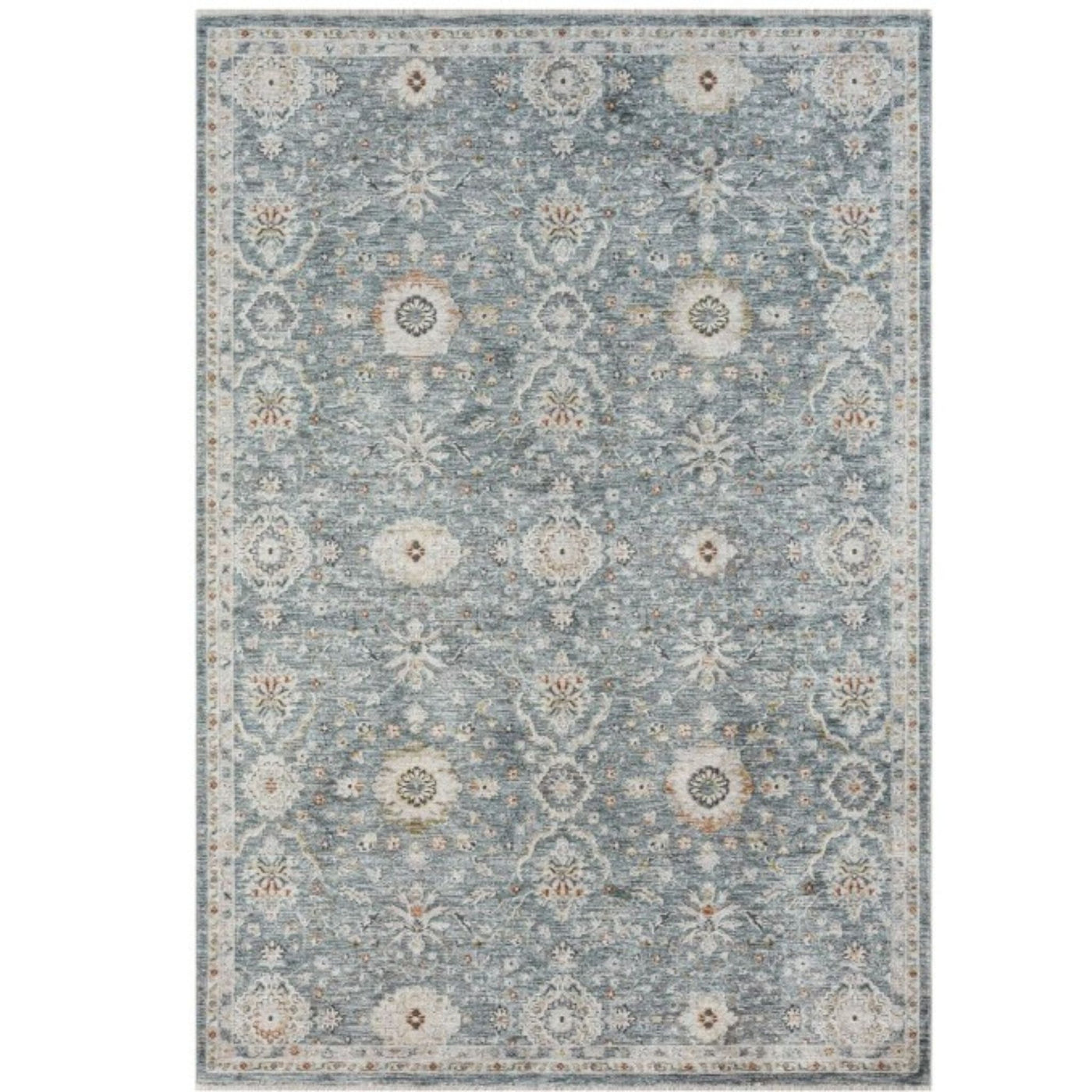 Bellamy Sea Glass Rug with muted blue-green ground, ivory floral motifs and warm vintage-inspired accents.