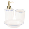 White ceramic soap dispenser with scalloped blue trim and gold-tone pump from the Bellamy Collection, ideal for Hamptons-style bathrooms. Pictured in the set of 3.