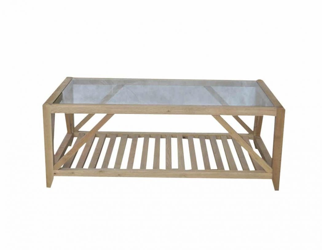 Benedict Rectangle Coffee Table in Natural Oak styled in a Hamptons-inspired living room.
