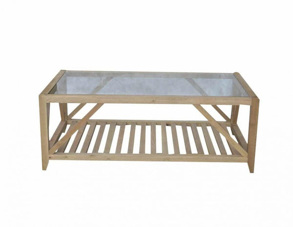 Benedict Rectangle Coffee Table in Natural Oak styled in a Hamptons-inspired living room.

