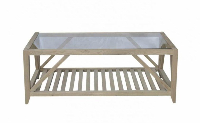 Benedict Rectangle Coffee Table in weathered oak with a timeless Hamptons-inspired design.
