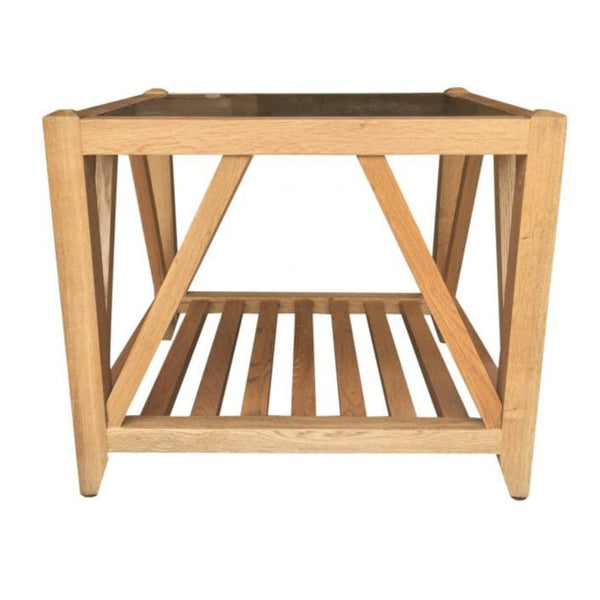 Benedict Glass Top Side Table in Natural Oak with clear tempered glass top and solid timber frame.
