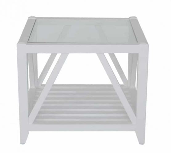 Benedict Glass Top Side Table in white with a tempered glass top and classic Hamptons design.
