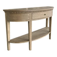 Angled view of the Beresford Curved Console Table showcasing its elegant curved design, weathered oak finish and lower display shelf.