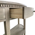 Close-up of the Beresford Curved Console Table showing the handcrafted dovetail drawer construction and weathered oak finish.
