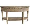 Beresford Curved Console Table in weathered oak featuring a curved front, dovetail drawer and lower display shelf.