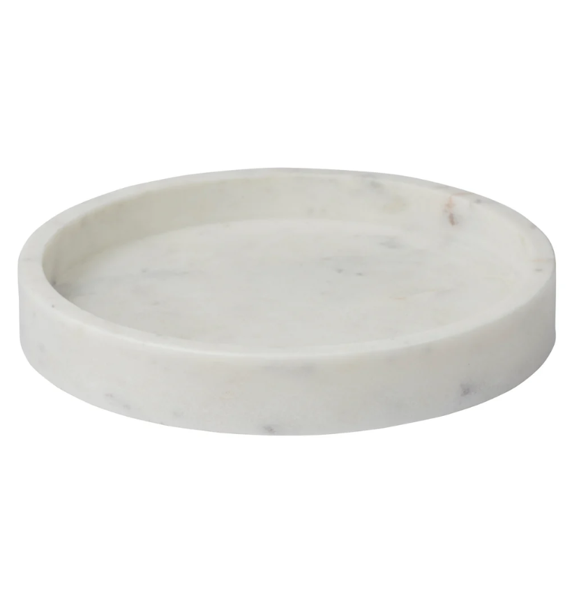 round white marble tray with raised edge for kitchen bathroom and styling use