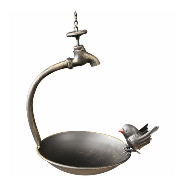 Metal bird bath and feeder with curled stand, vintage-style tap, and perched bird detail, 27.94x22.23x50.8cm.