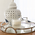 Bird Navy White Set of 3 decorative coastal bird figures styled on a mirrored tray with a Hamptons Style candle and white ceramic lantern on a timber console table