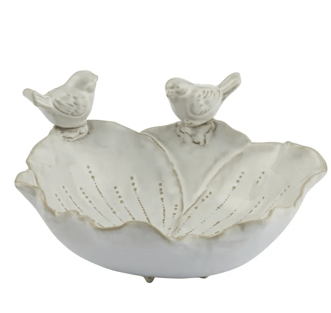 white ceramic bowl with two birds perched decorative trinket dish