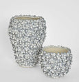 tall and short blue and white bloom vases styled together showing size comparison