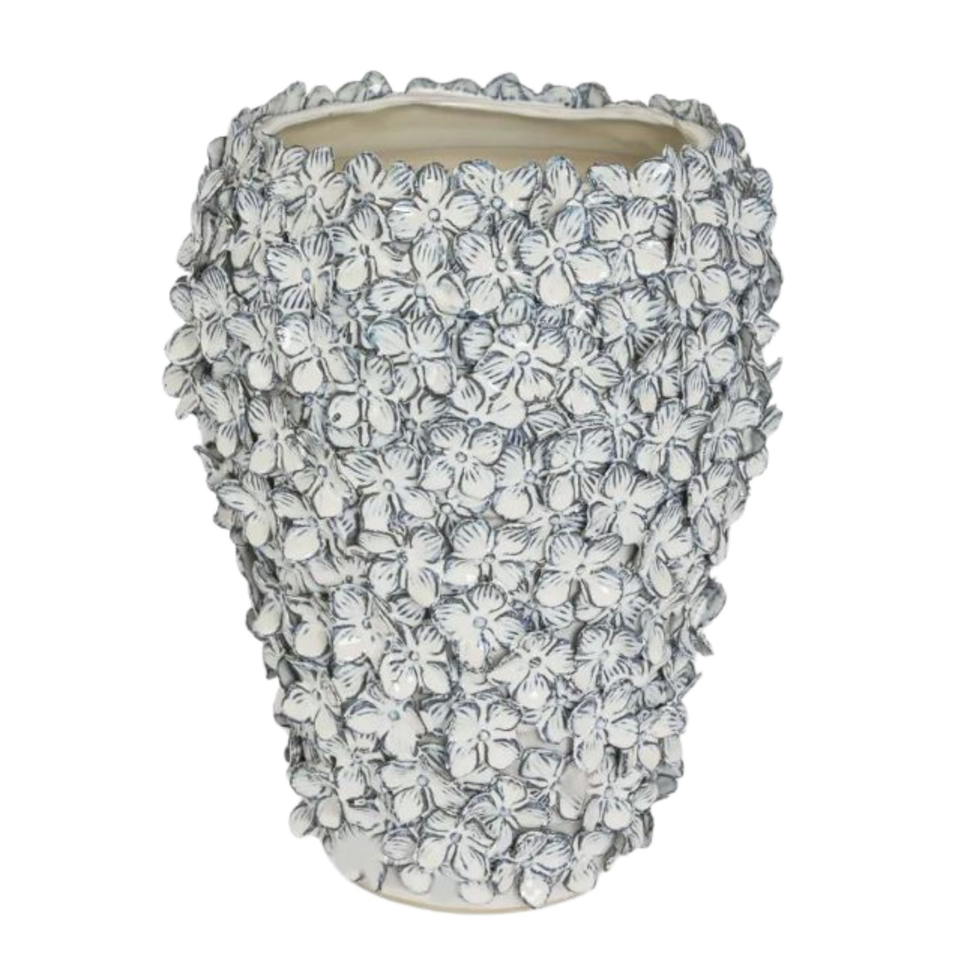 tall blue and white stoneware vase with hand-applied floral texture detail