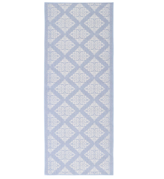 Blue Balm runner rug with soft blue damask pattern designed for coastal and Hamptons style interiors