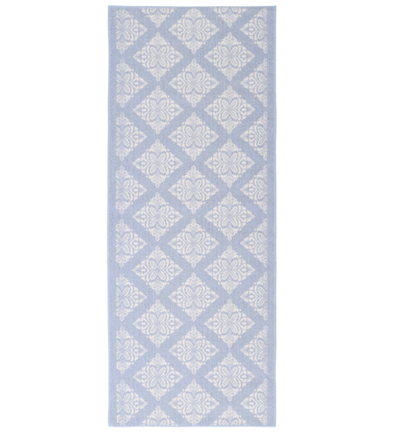 Blue Balm runner rug with soft blue damask pattern designed for coastal and Hamptons style interiors