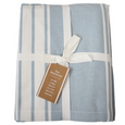 Folded Blue Bay Stripe Chambray tablecloth in blue and white cotton from the Boathouse Collection.