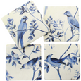 Set of four blue and off-white chinoiserie bird coasters with assorted botanical illustrations