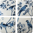 Blue Bird Chinoiserie Coasters Set of 4 with individual blue bird and botanical designs