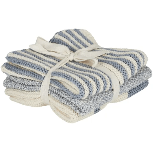 Amy S/3 Cotton Knit Cloth Blue set featuring three blue and white striped knitted cotton dish cloths tied with a cotton ribbon.