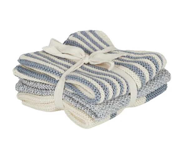 Amy set of three blue and white striped cotton knit dish cloths