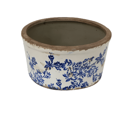 Blue Floral Herb Planter Bowl featuring a vintage blue and white floral pattern on a stoneware planter bowl