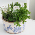 Blue Floral Herb Planter Bowl styled with faux parsley, rosemary and herb markers in a Hamptons-inspired setting.