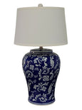 Blue and white ceramic table lamp with intricate patterned base and white tapered shade