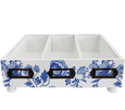 Blue and white coastal cutlery tray with three compartments and vintage-style label handles