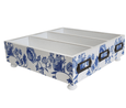Blue and white wooden cutlery organiser tray with floral pattern and three compartments