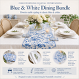 Blue and white dining bundle infographic featuring floral ceramic coasters, white linen napkins and Bayview Bloom table runner for coastal entertaining